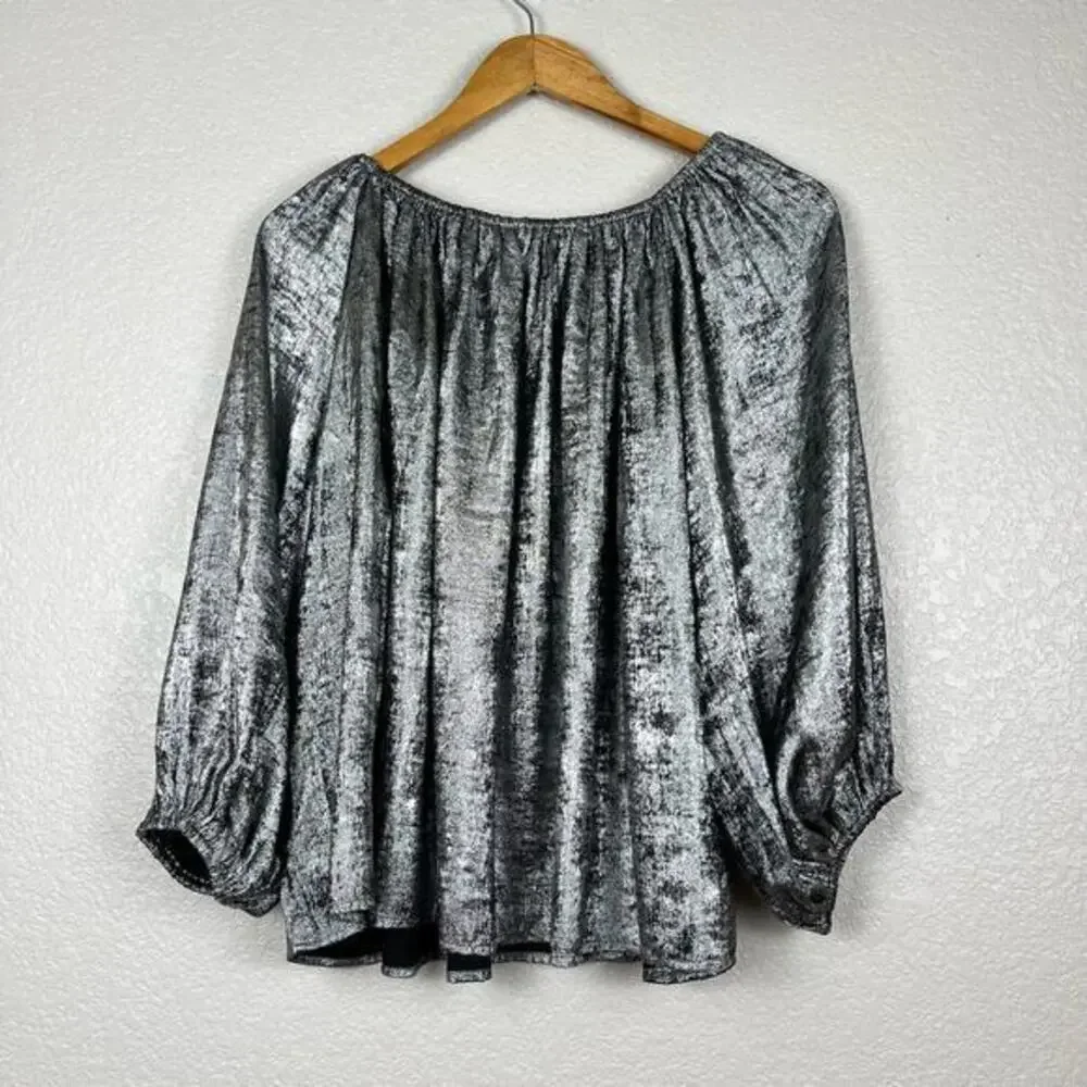 Metallic Silver Velvet Blouse - Women’s Long Sleeve Gathered Neck - Picture 2 of 7